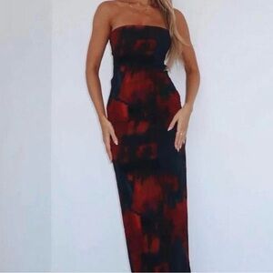 White Fox Boutique Strapless Maxi Dress in Black and Red Abstract